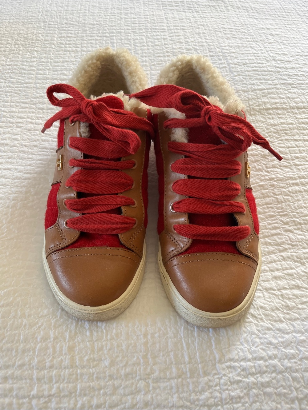 Tory Burch Red and Brown Fleece Lace-Up Sneakers